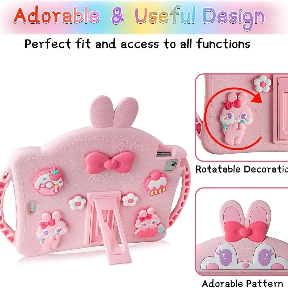 iPad Air 5th 4th Pro 11 Case Kids Pink Rabbit Silicone Cover Strap Stand
